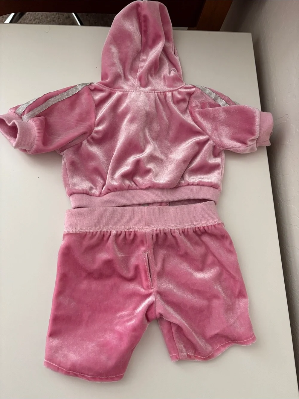 Build-A-Bear Pink Velvet Hooded Short Set  and Skechers sneakers